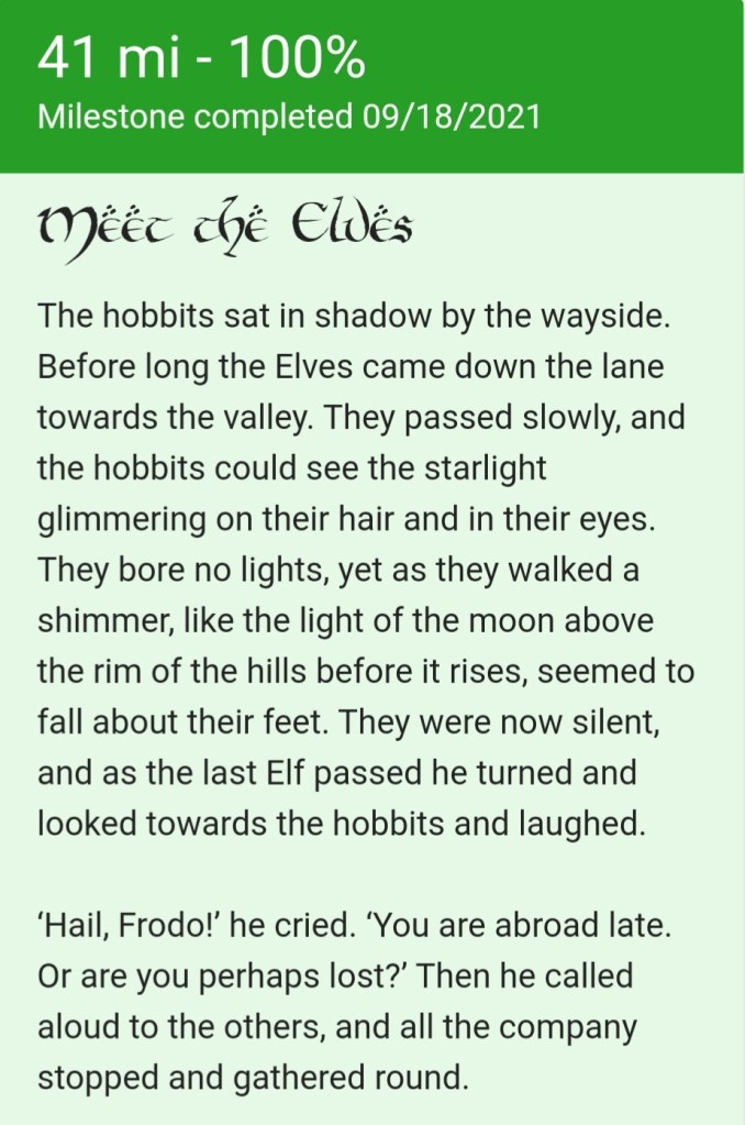 A screenshot of the Walk to Morder app, featuring an excerpt from the moment when a group of elves passes Frodo, 41 miles into the journey.